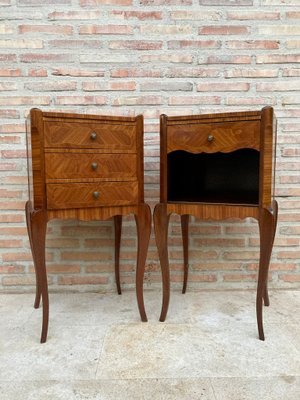 Early 20th Century French Marquetry and Iron Hardware Bedside Tables or Nightstands with Drawers and Open Shelf, Set of 2-NOU-1155133