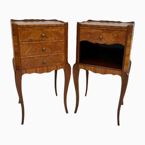 Early 20th Century French Marquetry and Iron Hardware Bedside Tables or Nightstands with Drawers and Open Shelf, Set of 2-NOU-1155133