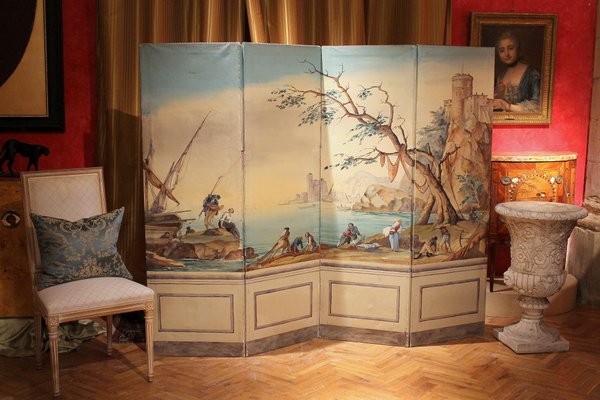 Early 20th Century French Tempera on Canvas Folding Screen with Seascape View-AXE-1433402