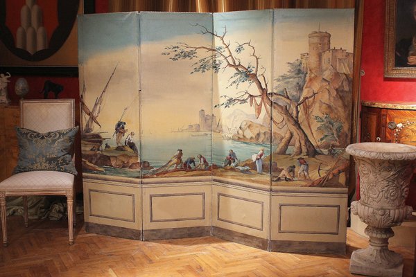 Early 20th Century French Tempera on Canvas Folding Screen with Seascape View-AXE-1433402