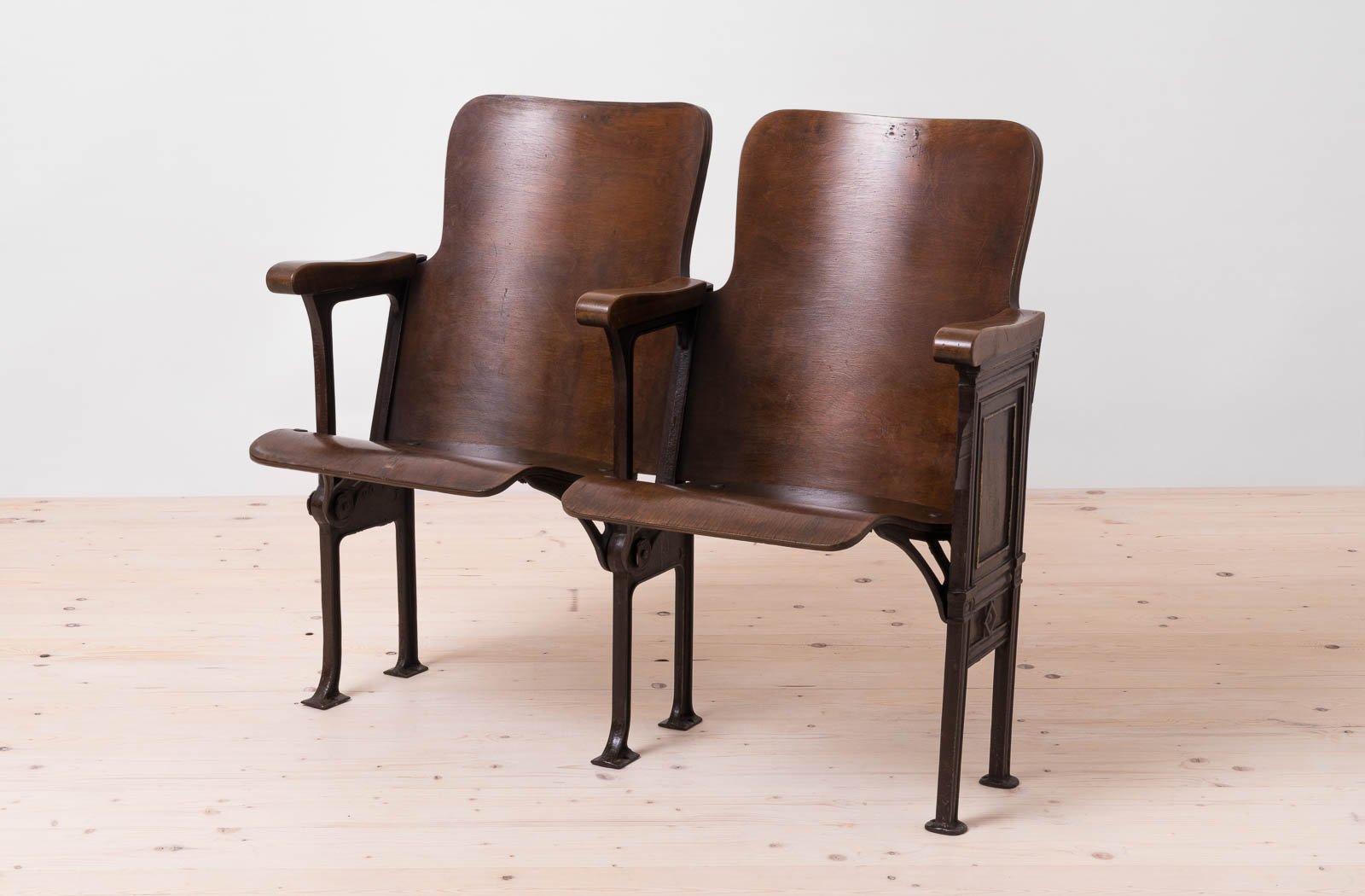 Early 20th Century Industrial Double Foldable Library Seat in Cast Iron Construction and Bent Plywood, 1890s