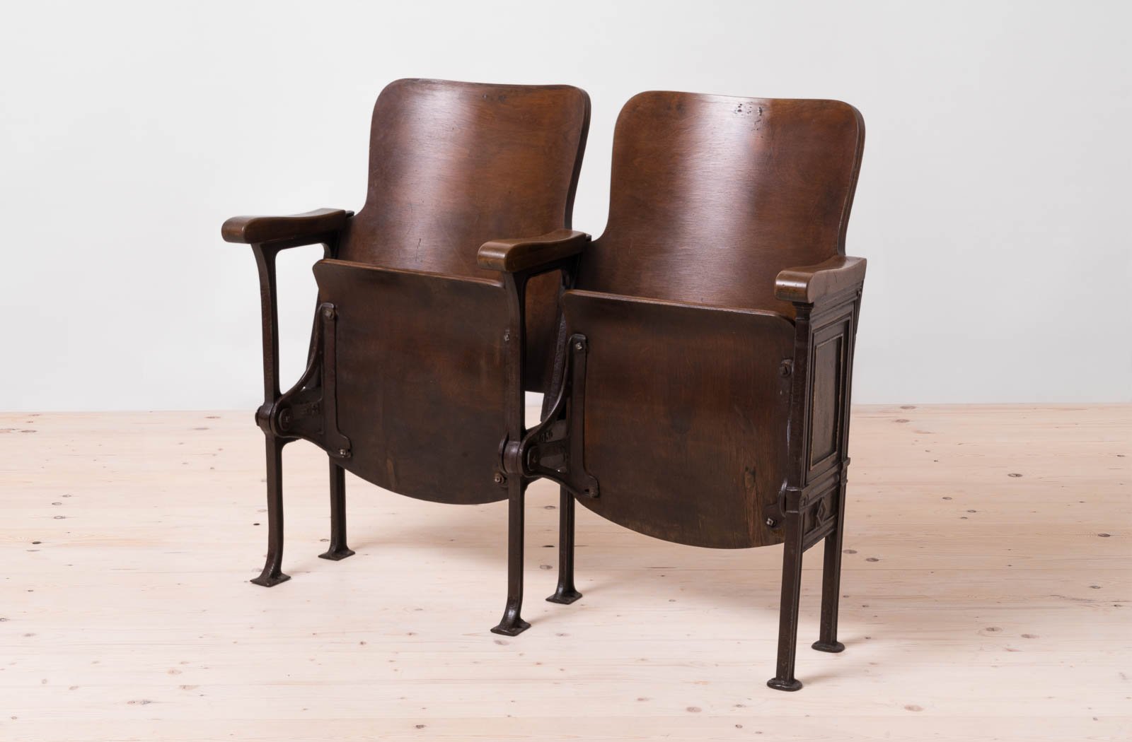 Early 20th Century Industrial Double Foldable Library Seat in Cast Iron Construction and Bent Plywood, 1890s