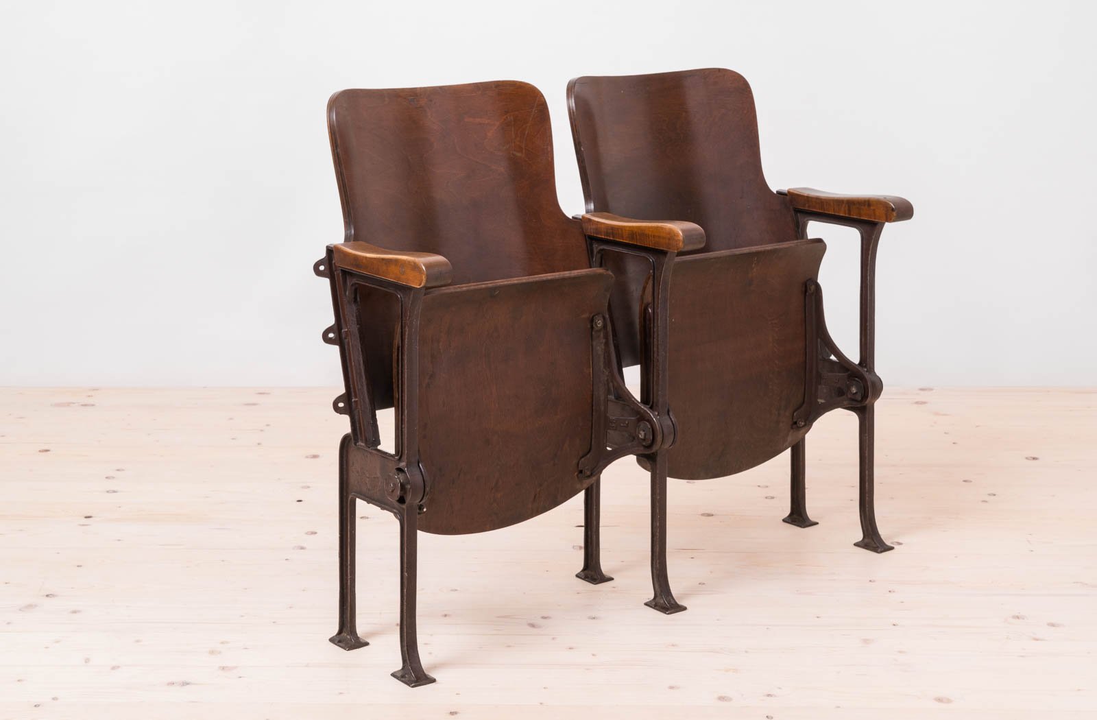 Early 20th Century Industrial Double Foldable Library Seat in Cast Iron Construction and Bent Plywood, 1890s