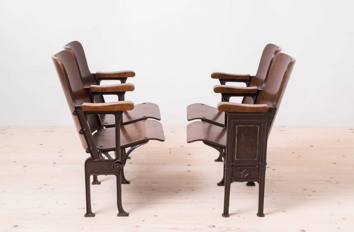 Early 20th Century Industrial Double Foldable Library Seat in Cast Iron Construction and Bent Plywood, 1890s