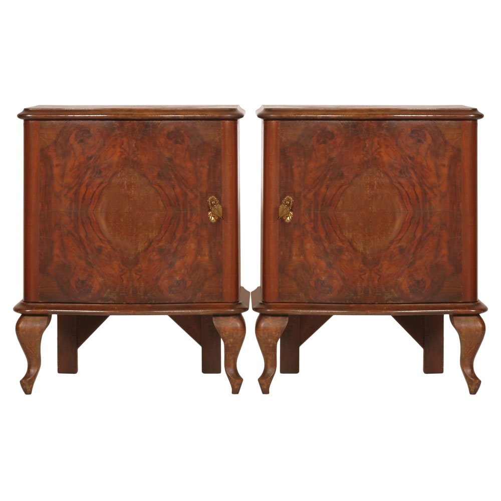 Early 20th-Century Italian Serpentine Nightstand in Walnut, Burl Walnut and Mahogany Veneered Interior, Set of 2