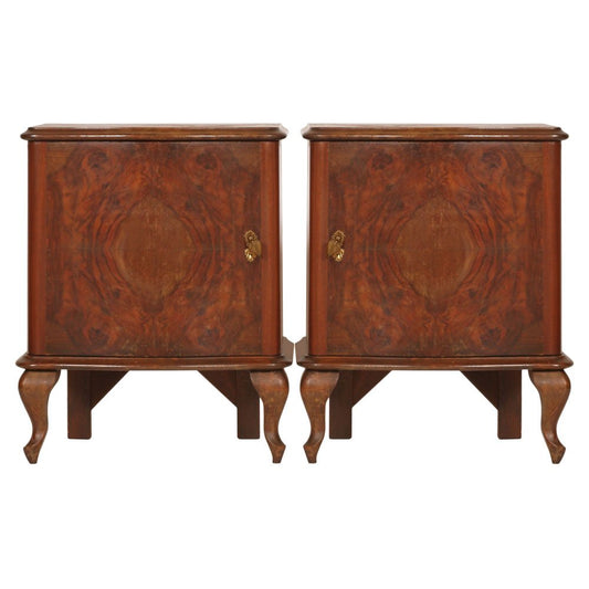 Early 20th-Century Italian Serpentine Nightstand in Walnut, Burl Walnut and Mahogany Veneered Interior, Set of 2