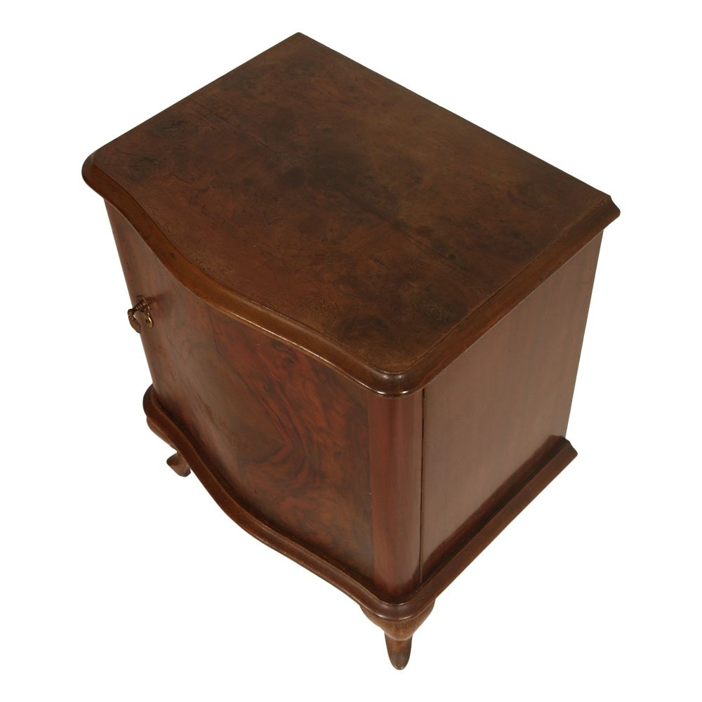 Early 20th-Century Italian Serpentine Nightstand in Walnut, Burl Walnut and Mahogany Veneered Interior, Set of 2