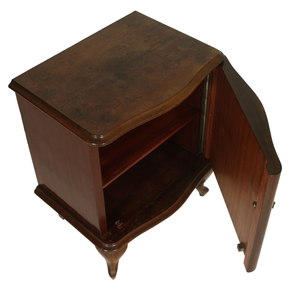 Early 20th-Century Italian Serpentine Nightstand in Walnut, Burl Walnut and Mahogany Veneered Interior, Set of 2