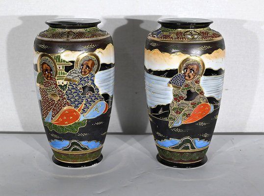 Early 20th Century Japan Porcelain Satsuma Vases, 1890s, Set of 2-RVK-1401171