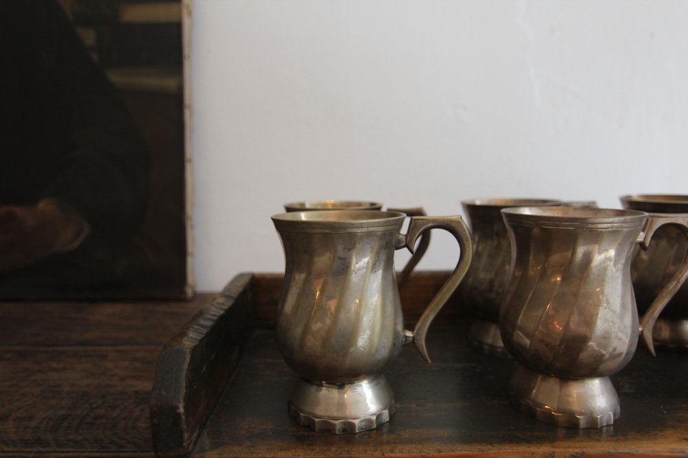 Early 20th Century Silver Plated Brass Mugs, 1930s, Set of 6