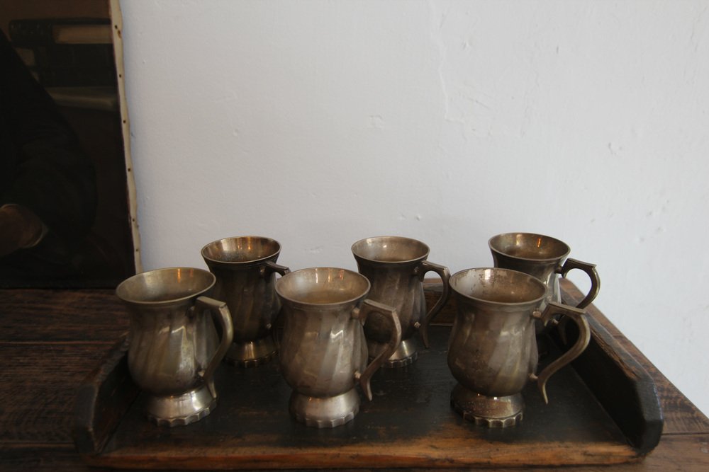 Early 20th Century Silver Plated Brass Mugs, 1930s, Set of 6