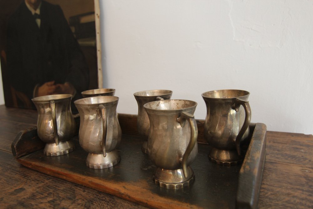 Early 20th Century Silver Plated Brass Mugs, 1930s, Set of 6