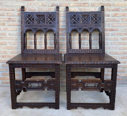 Early 20th Century Spanish Carved Chairs with Wood Seat, 1890s, Set of 2-NOU-1730514