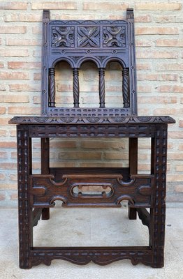 Early 20th Century Spanish Carved Chairs with Wood Seat, 1890s, Set of 2-NOU-1730514