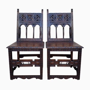 Early 20th Century Spanish Carved Chairs with Wood Seat, 1890s, Set of 2-NOU-1730514