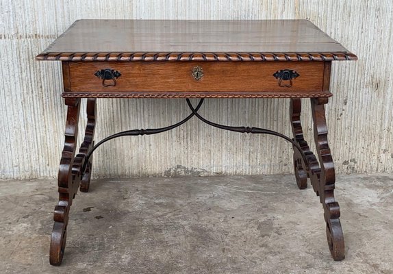 Early 20th-Century Spanish Desk with Lyre Legs and Carved Edges on Top-PSK-1002611