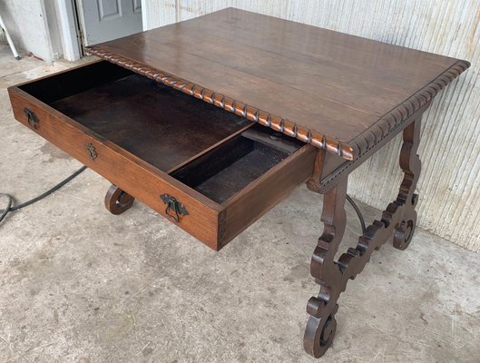 Early 20th-Century Spanish Desk with Lyre Legs and Carved Edges on Top-PSK-1002611