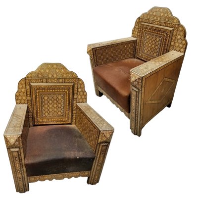 Early 20th Century Syrian Harwood and Marquetry Inlaid Armchair, Set of 2-TCS-1758750