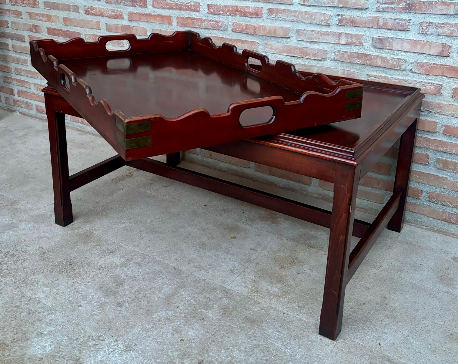 Early 20th Century Wood Coffee Table with Large Removable Tray, 1924, Set of 2