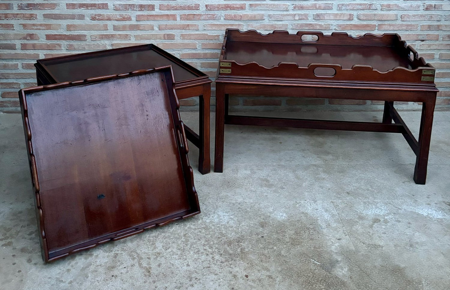 Early 20th Century Wood Coffee Table with Small Removable Tray, 1924, Set of 2