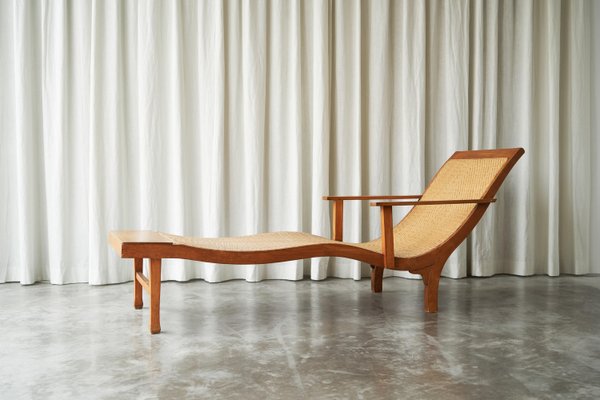 Early Dutch Colonial Sculptural Chaise Longue in Wood and Hand Woven Cane, 1920s-FEW-2024186