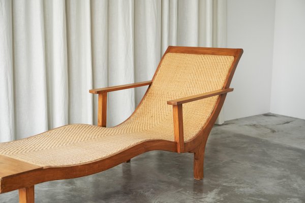 Early Dutch Colonial Sculptural Chaise Longue in Wood and Hand Woven Cane, 1920s-FEW-2024186