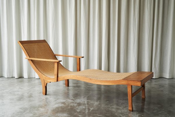 Early Dutch Colonial Sculptural Chaise Longue in Wood and Hand Woven Cane, 1920s-FEW-2024186