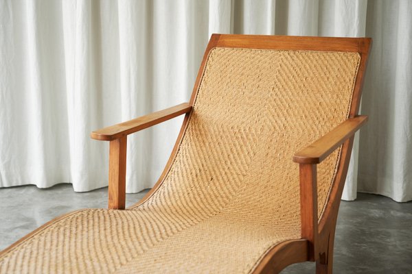 Early Dutch Colonial Sculptural Chaise Longue in Wood and Hand Woven Cane, 1920s-FEW-2024186