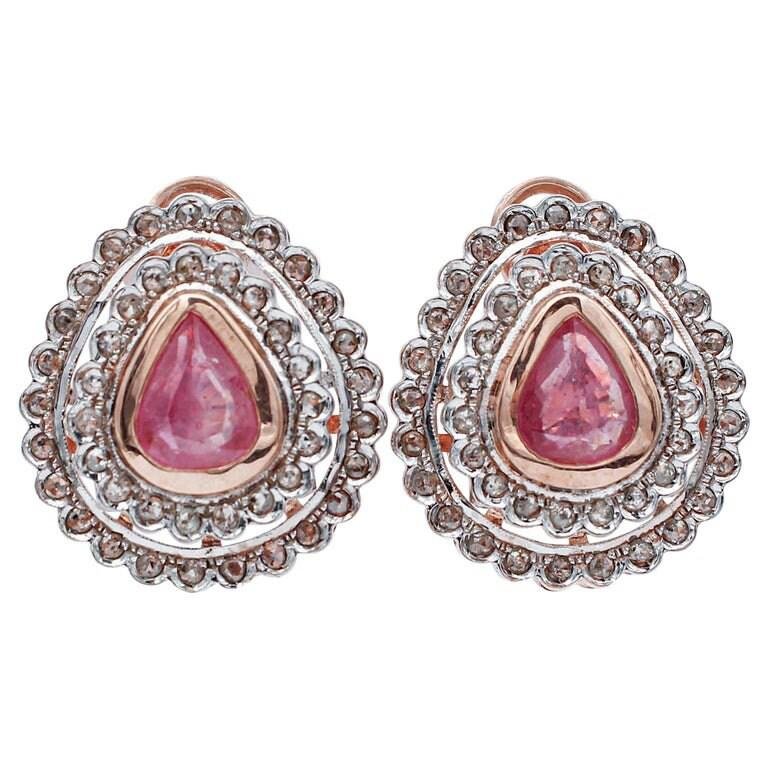 Earrings in Rose Gold and Silver with Rubies and Diamonds