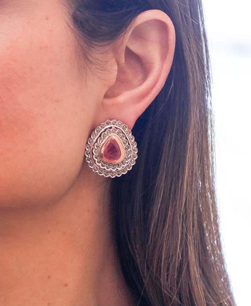 Earrings in Rose Gold and Silver with Rubies and Diamonds