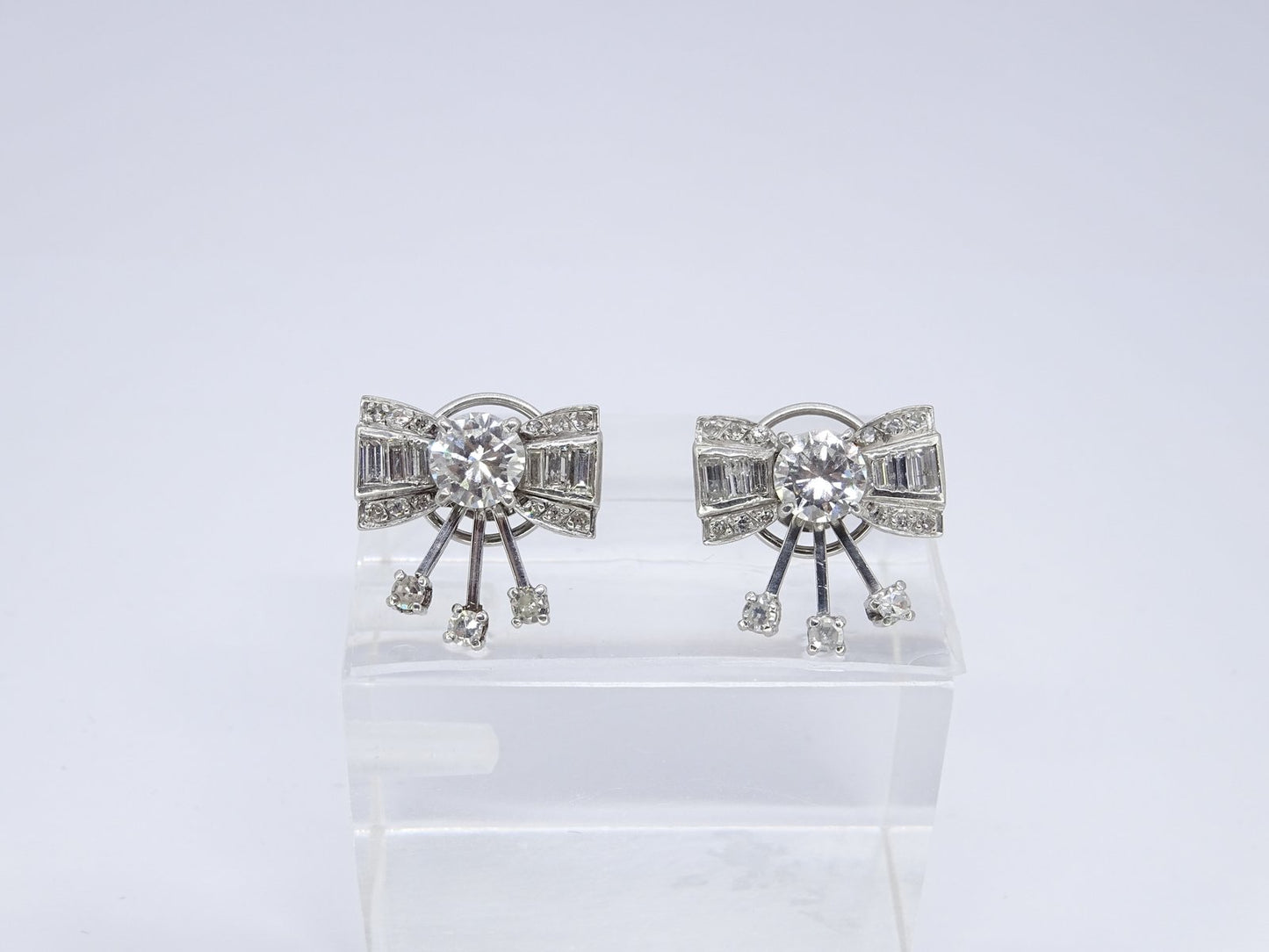 Earrings Loz Art Deco Style, 18kt White Gold, Diamonds 2.43 CTS Total, Vintage - France, Set of 2