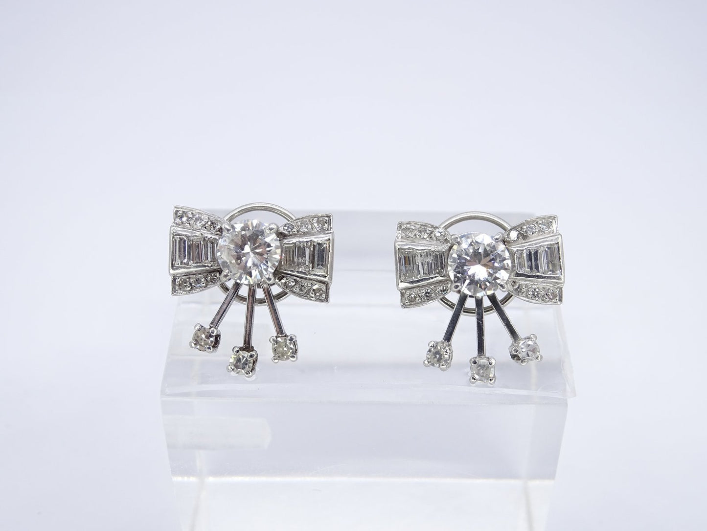 Earrings Loz Art Deco Style, 18kt White Gold, Diamonds 2.43 CTS Total, Vintage - France, Set of 2