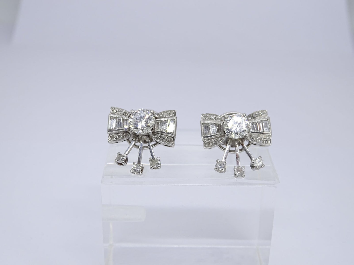 Earrings Loz Art Deco Style, 18kt White Gold, Diamonds 2.43 CTS Total, Vintage - France, Set of 2