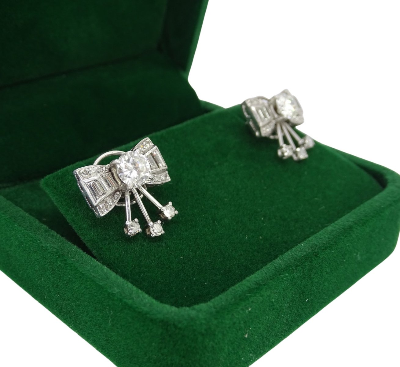 Earrings Loz Art Deco Style, 18kt White Gold, Diamonds 2.43 CTS Total, Vintage - France, Set of 2