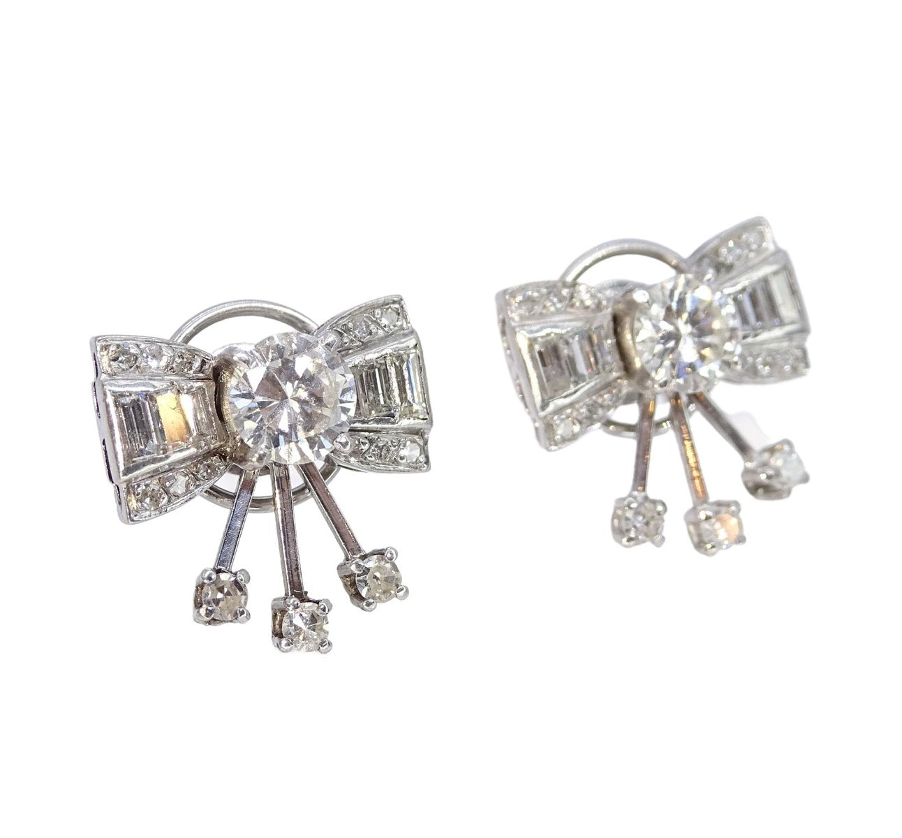 Earrings Loz Art Deco Style, 18kt White Gold, Diamonds 2.43 CTS Total, Vintage - France, Set of 2