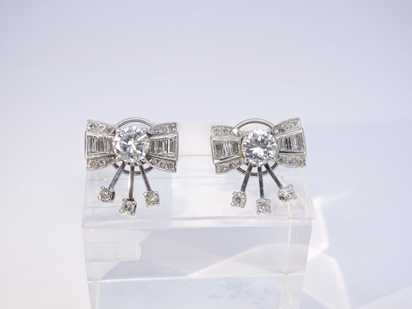 Earrings Loz Art Deco Style, 18kt White Gold, Diamonds 2.43 CTS Total, Vintage - France, Set of 2