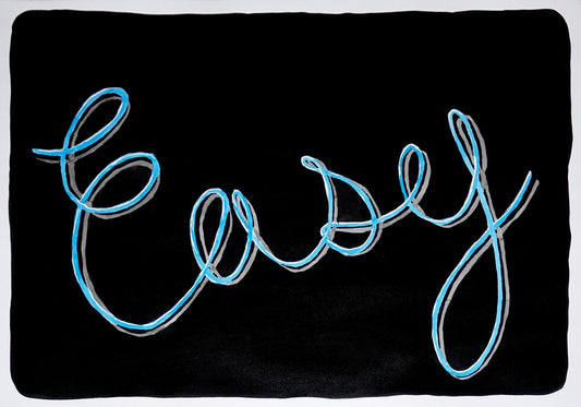 Easy, Black Background Calligraphy Painting On Paper, Word Art, Sky Blue, Grey, 2021