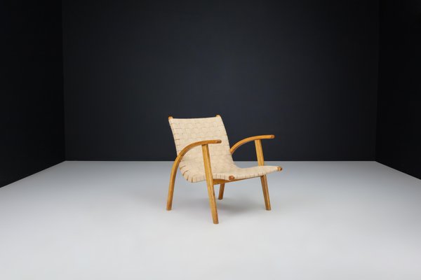 Easy Chair in Oak Bentwood and Canvas by Jan Vanek, Prague, 1930s-TRW-1797126