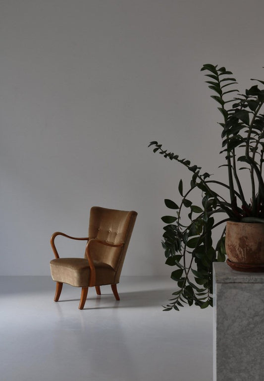 Easy Chair in Oak & Velor attributed to Alfred Christensen for Slagelse Furniture Works, 1950s