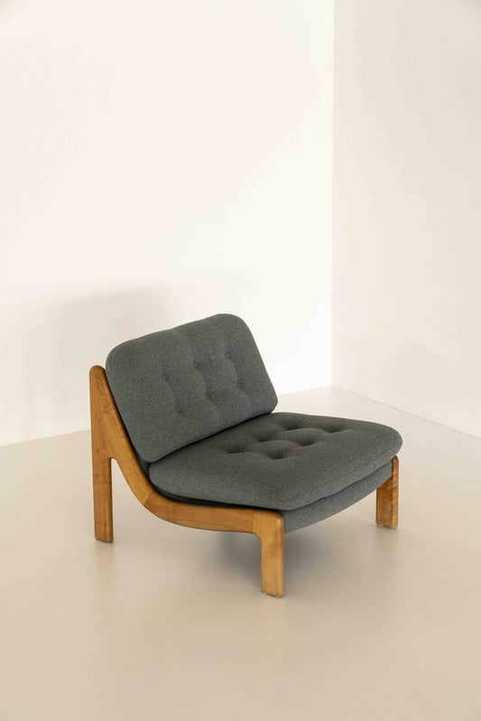 Easy Chair in Wood & Blue Fabric, 1970s