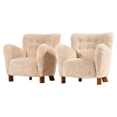 Easy Chairs in Beech & Reupholstered in Sheepskin attributed to Fritz Hansen, 1938, Set of 2-SC-2022135