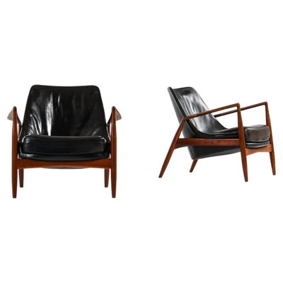 Easy Chairs in Teak and Original Black Leather attributed to Ib Kofod-Larsen, 1950s, Set of 2-SC-2032655