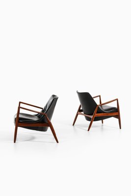 Easy Chairs in Teak and Original Black Leather attributed to Ib Kofod-Larsen, 1950s, Set of 2-SC-2032655