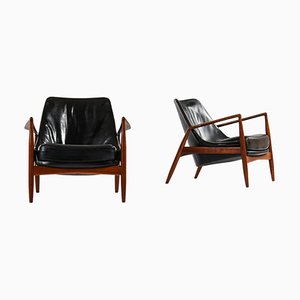 Easy Chairs in Teak and Original Black Leather attributed to Ib Kofod-Larsen, 1950s, Set of 2-SC-2032655