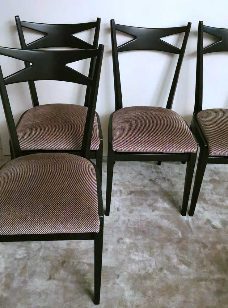 Ebonized Wood and Velvet Chairs in the style of Ico Parisi Style, Set of 6