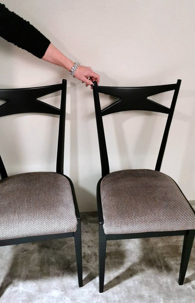 Ebonized Wood and Velvet Chairs in the style of Ico Parisi Style, Set of 6