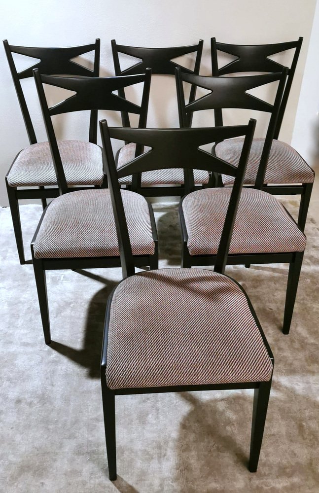 Ebonized Wood and Velvet Chairs in the style of Ico Parisi Style, Set of 6