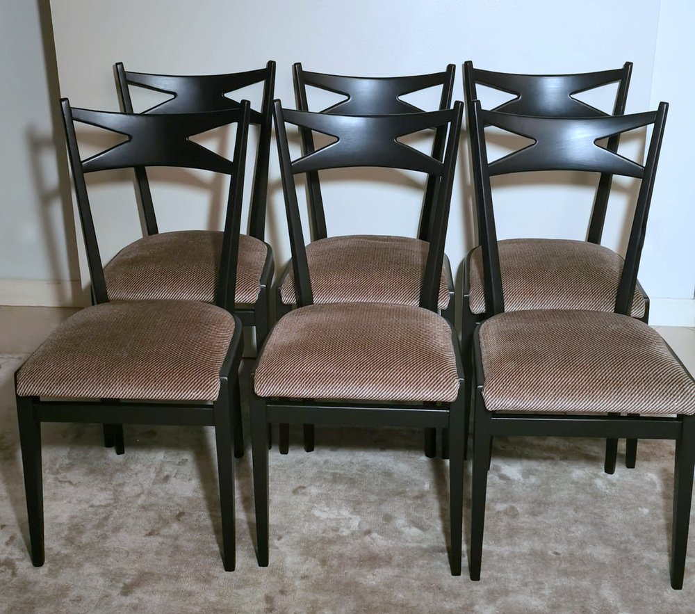 Ebonized Wood and Velvet Chairs in the style of Ico Parisi Style, Set of 6