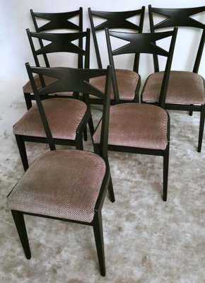 Ebonized Wood and Velvet Chairs in the style of Ico Parisi Style, Set of 6-QRS-1284091