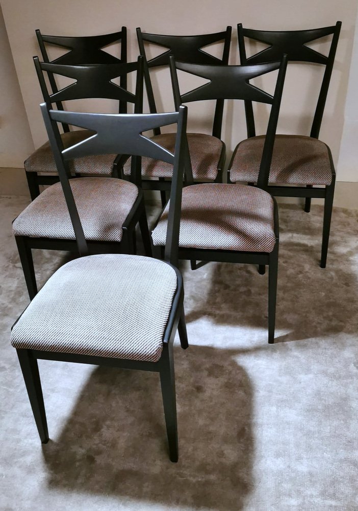 Ebonized Wood and Velvet Chairs in the style of Ico Parisi Style, Set of 6